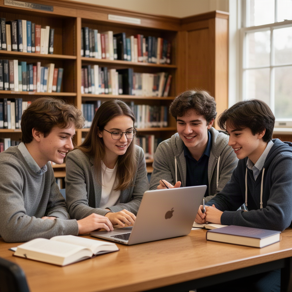 Estudiantes colaborando en biblioteca