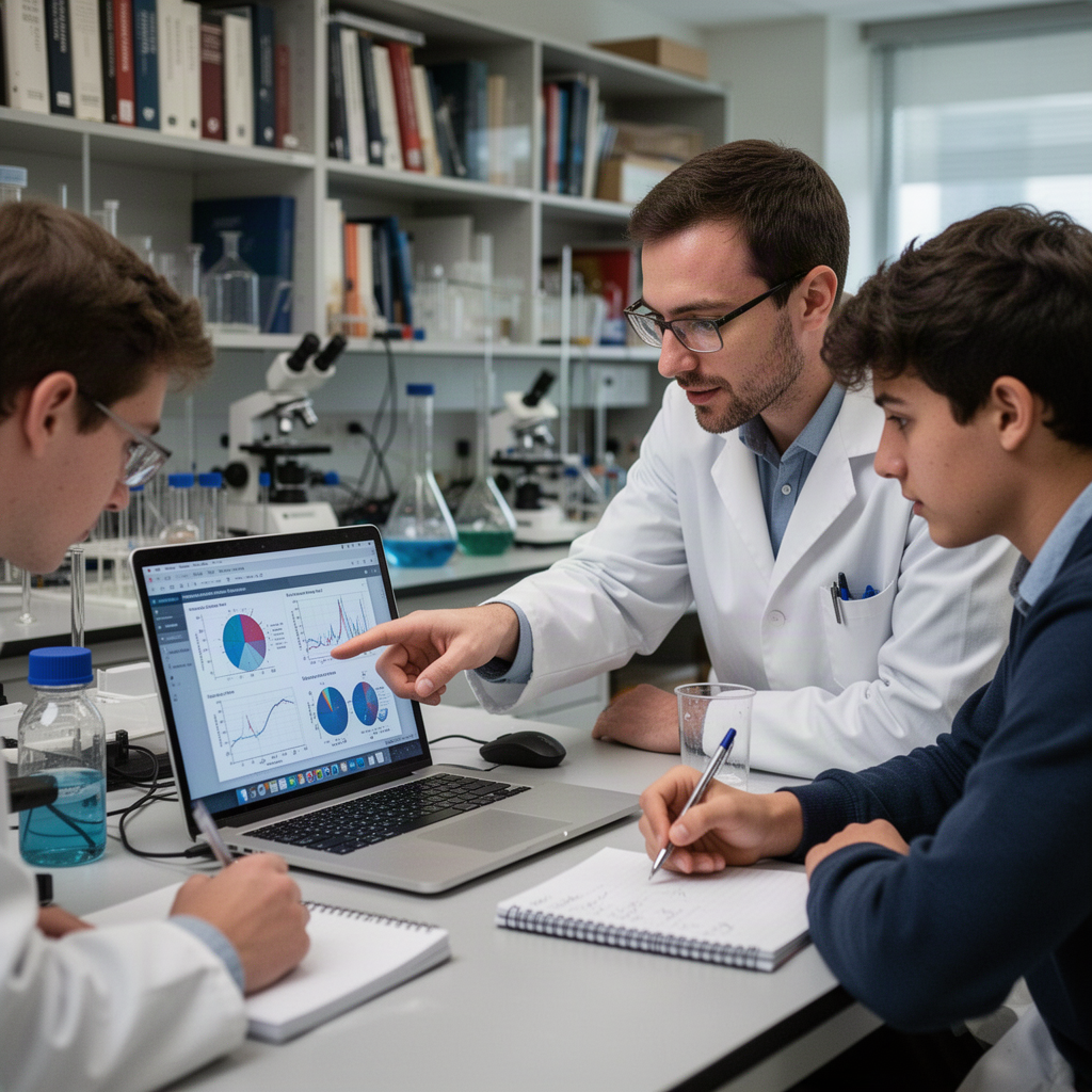 Investigación: mentor y estudiante analizando datos en laboratorio